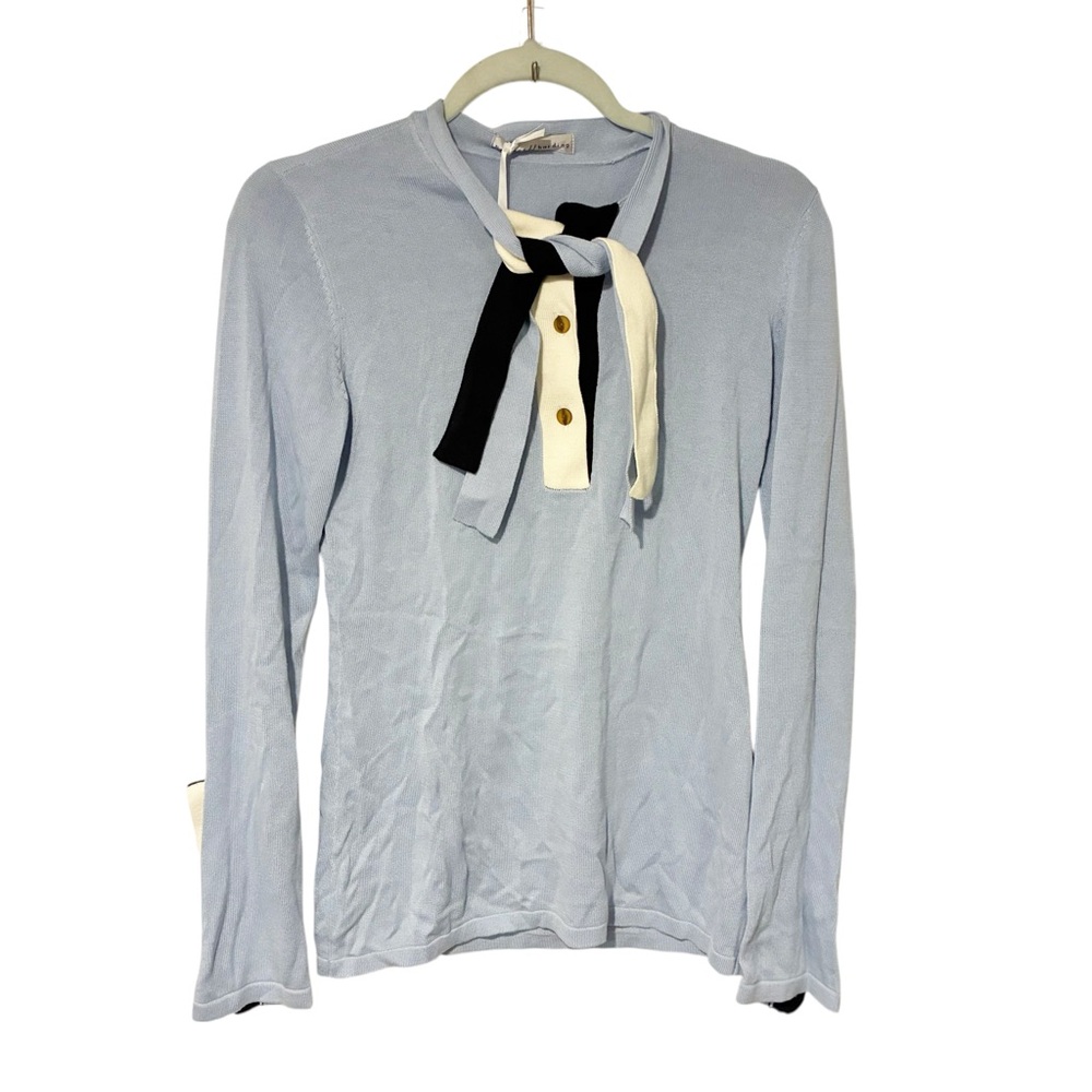Palmer Harding Blue Henley Button Bow Neck Wide Arm Cuff Knit Top UK 8 NEW